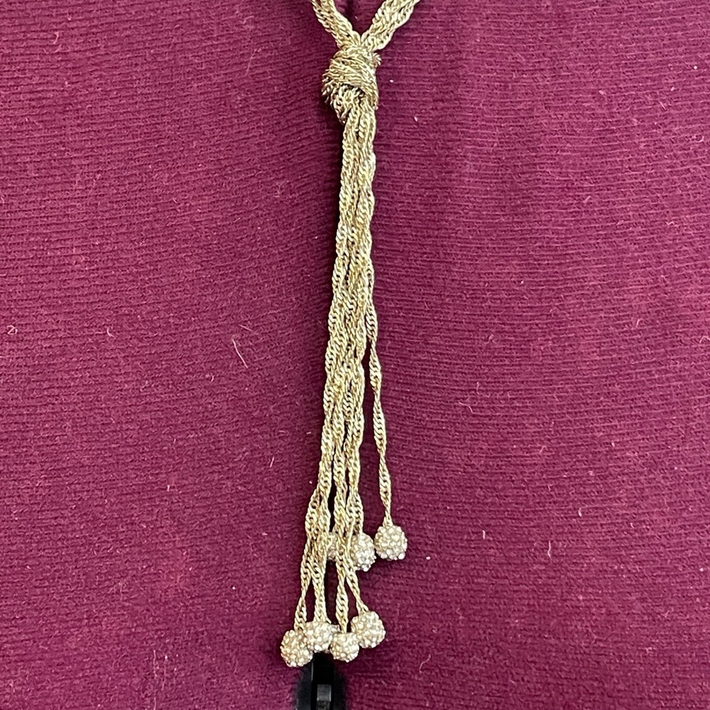 Ann Taylor Gold Tone Rope Chain Pave Rhinestone Tassel Knot Multistrand Necklace - Picture 2 of 6
